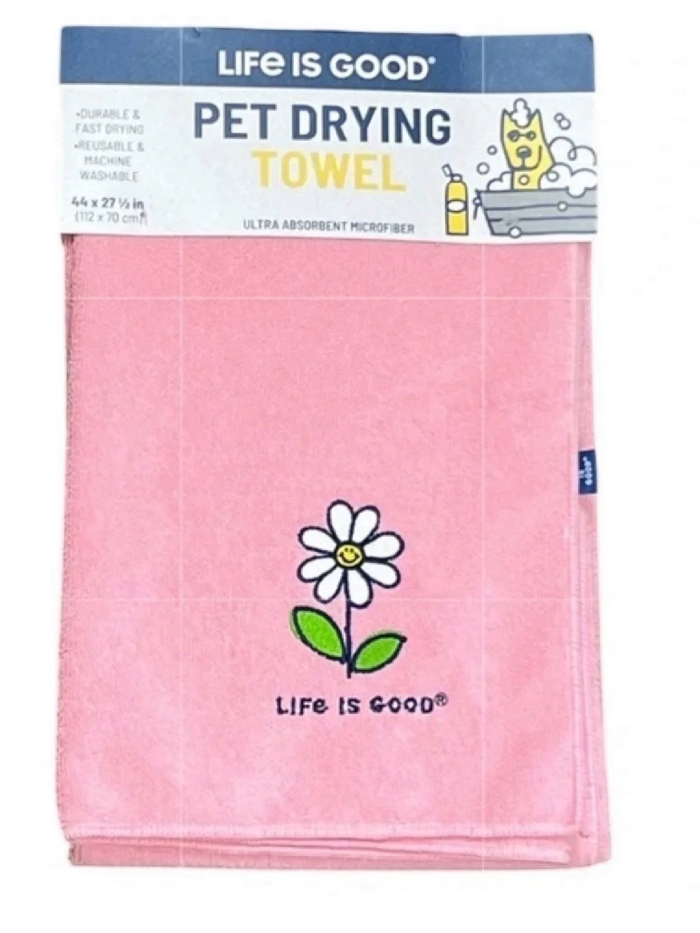 🌸 LIFE IS GOOD Pink Pet Drying Towel with Daisy Embroidery